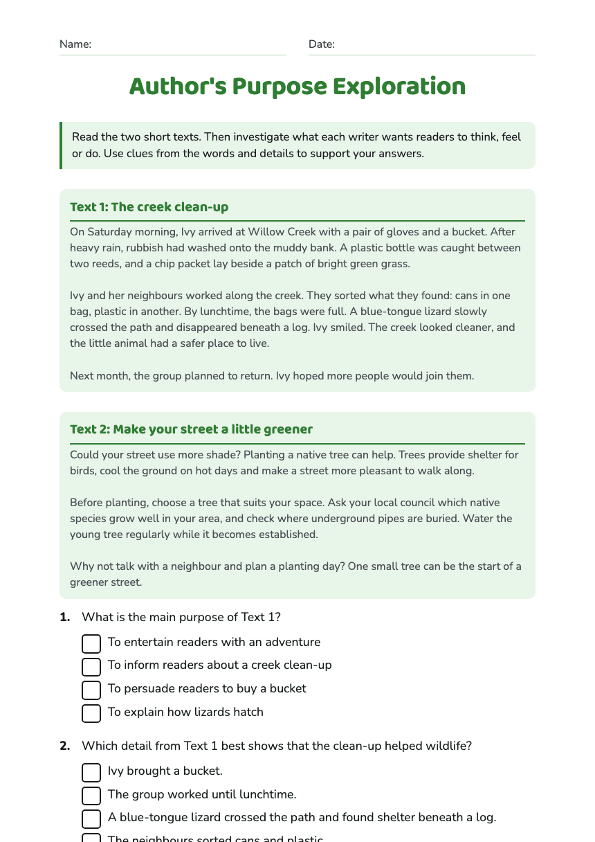 Author's Purpose Exploration worksheet preview