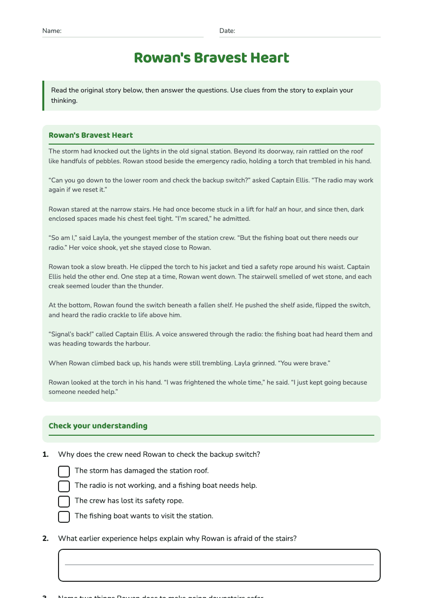 Rowan's Bravest Heart worksheet preview