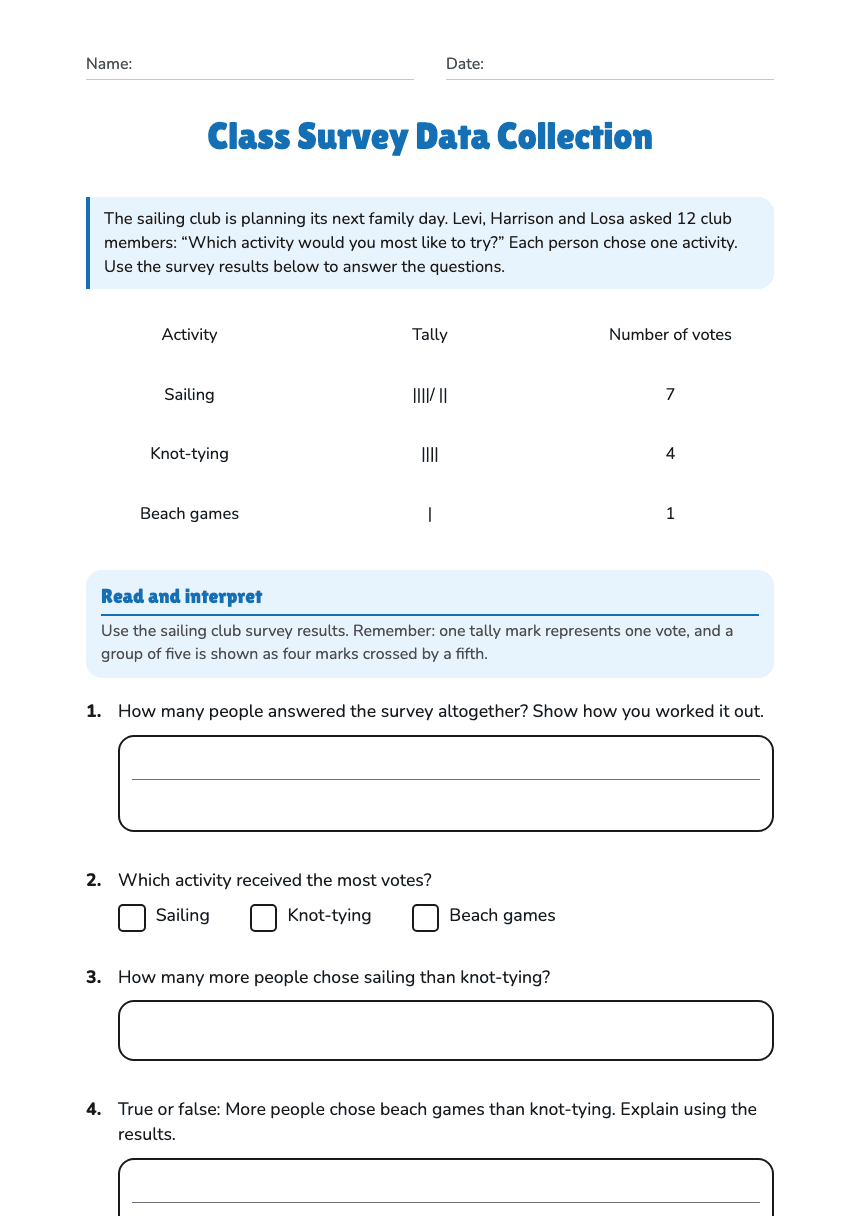 Class Survey Data Collection worksheet preview