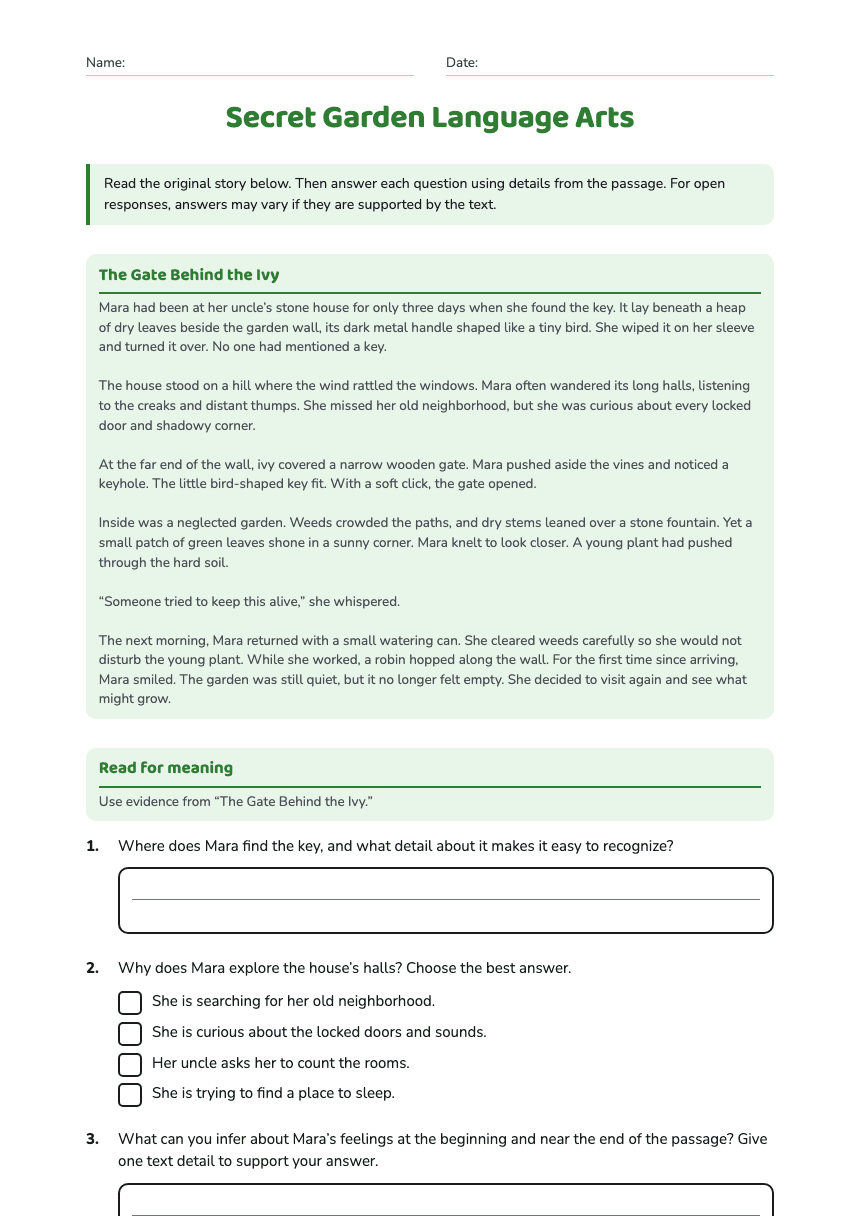 Secret Garden Language Arts worksheet preview