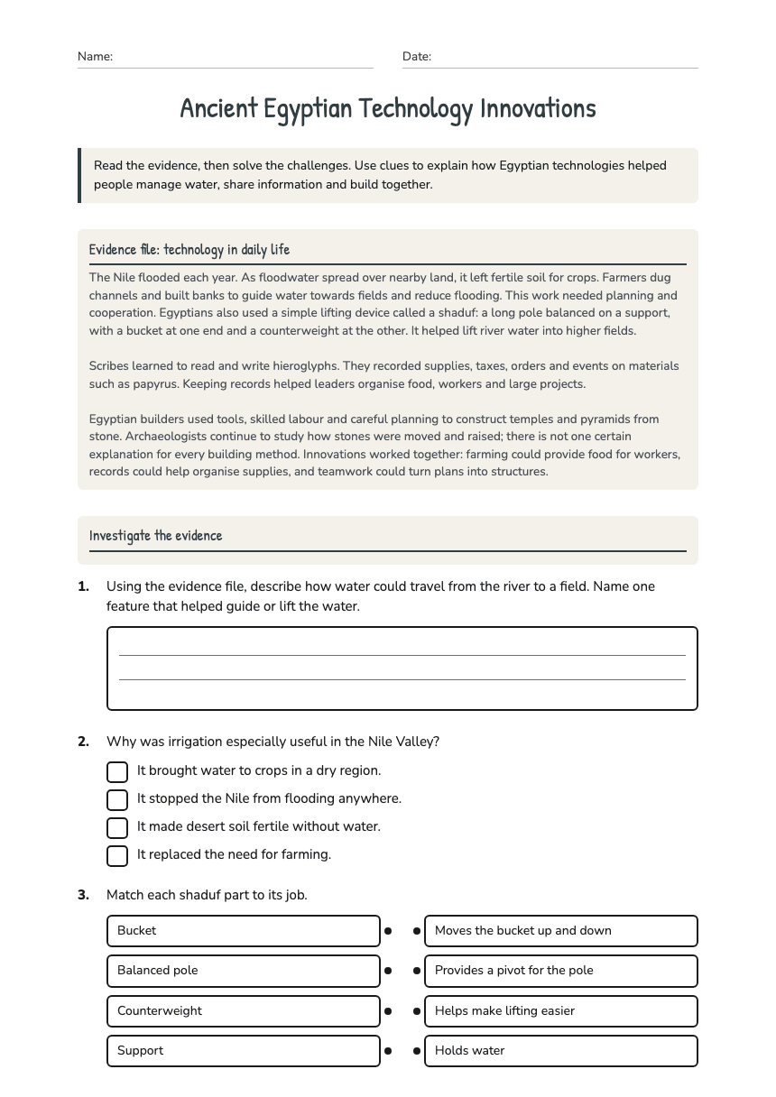 Ancient Egyptian Technology Innovations worksheet preview