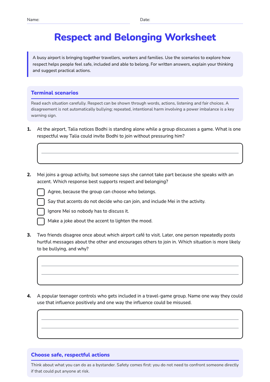 Respect and Belonging Worksheet worksheet preview