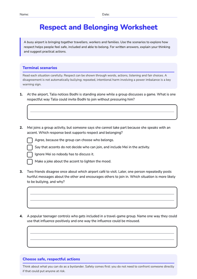 Respect and Belonging Worksheet