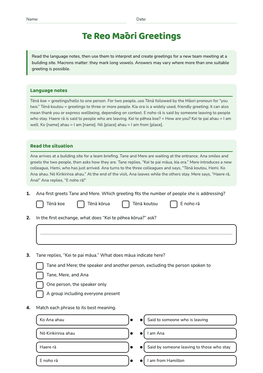 Te Reo Māori Greetings worksheet preview