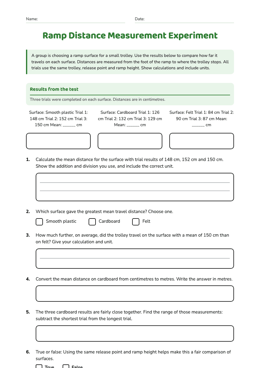 Ramp Distance Measurement Experiment worksheet preview