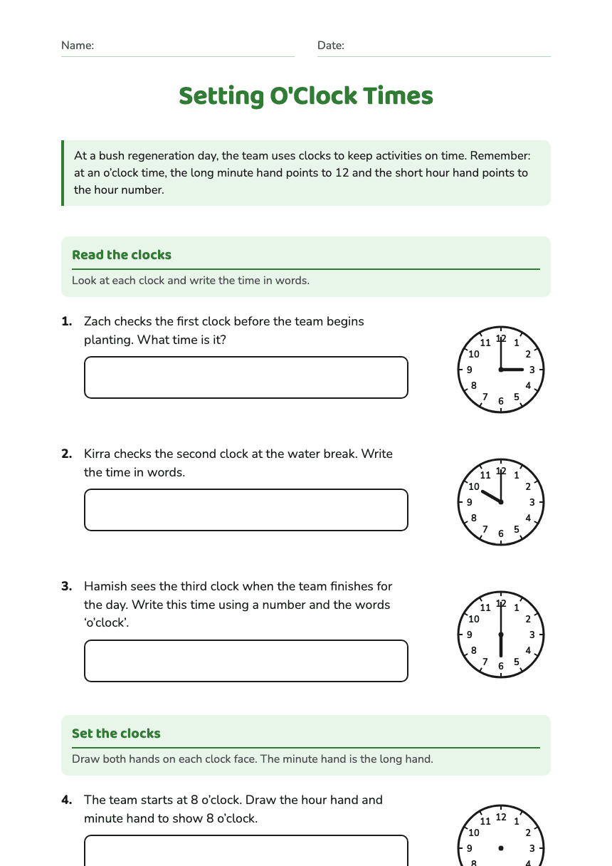 Setting O'Clock Times worksheet preview