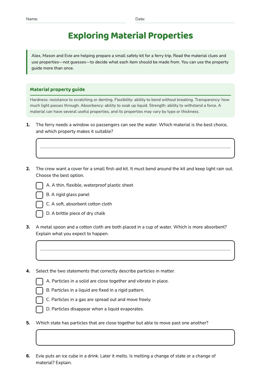 Exploring Material Properties worksheet preview