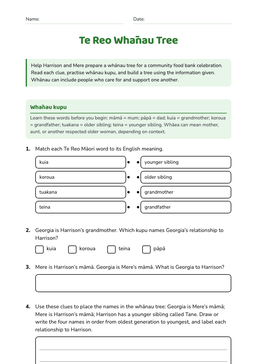 Te Reo Whānau Tree worksheet preview