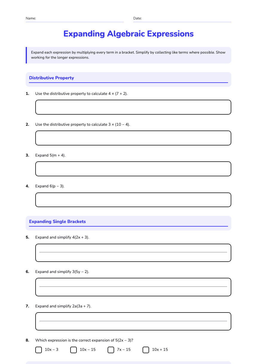 Expanding Algebraic Expressions worksheet preview