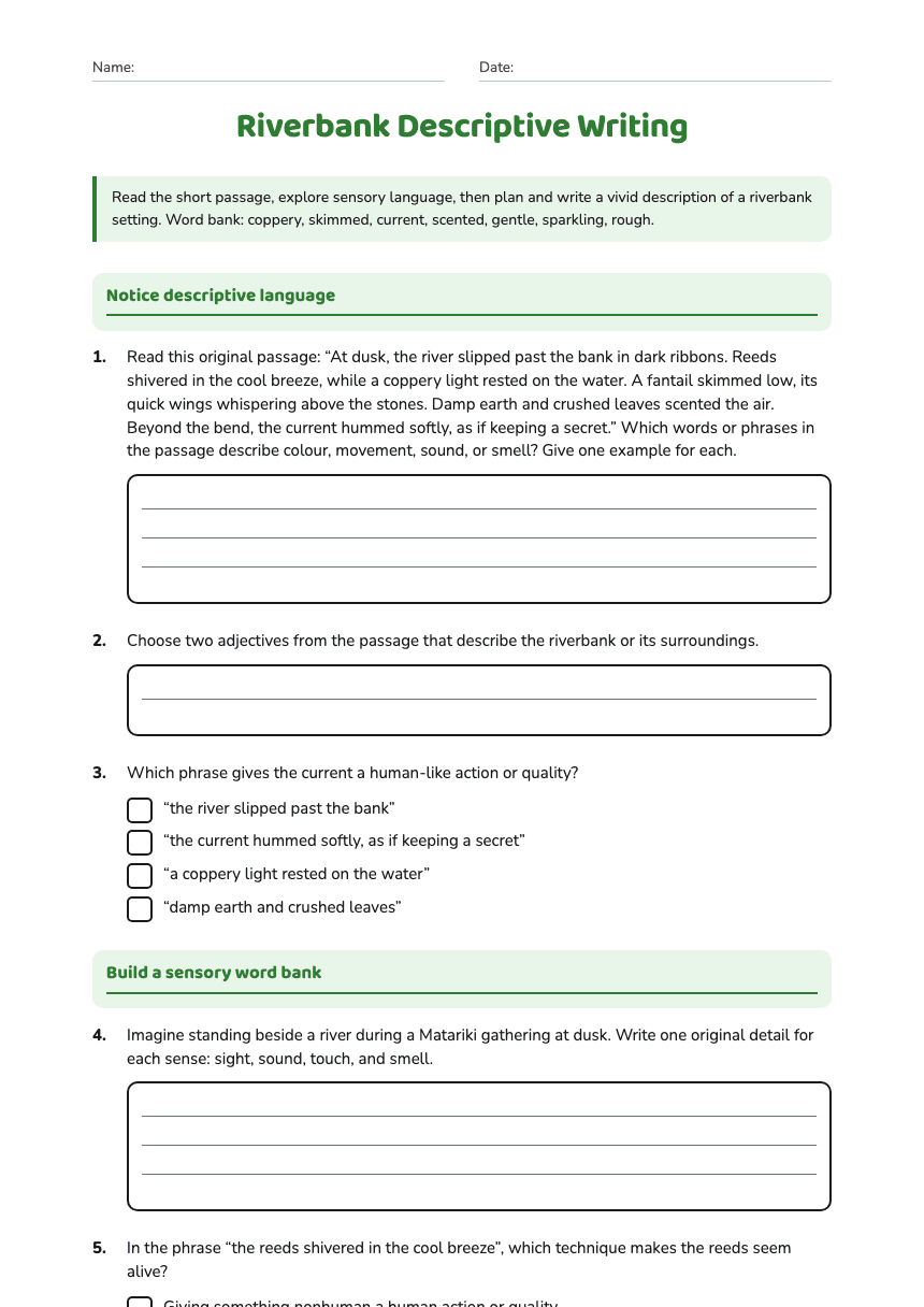 Riverbank Descriptive Writing worksheet preview