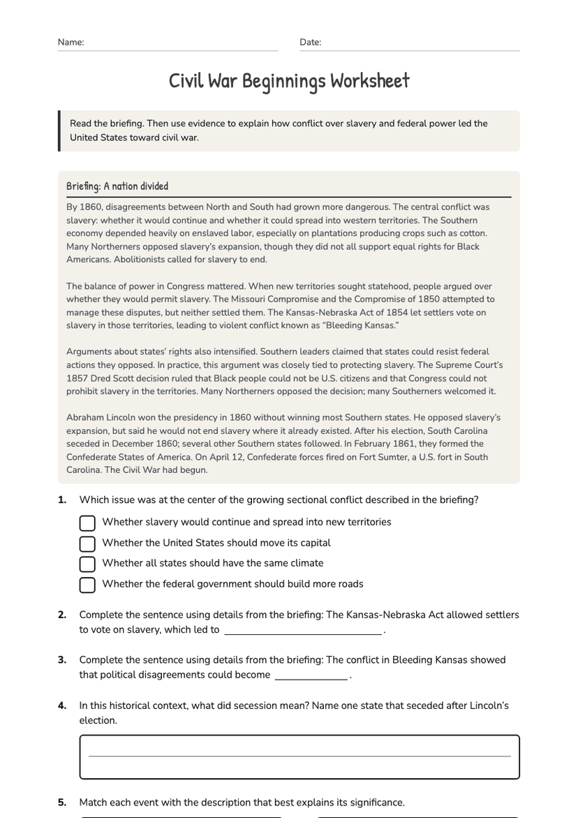 Civil War Beginnings Worksheet