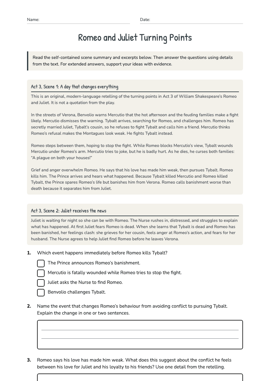 Romeo and Juliet Turning Points worksheet preview