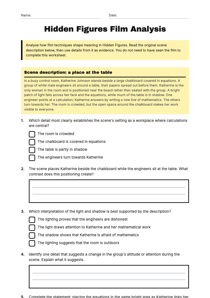 Hidden Figures Film Analysis worksheet preview