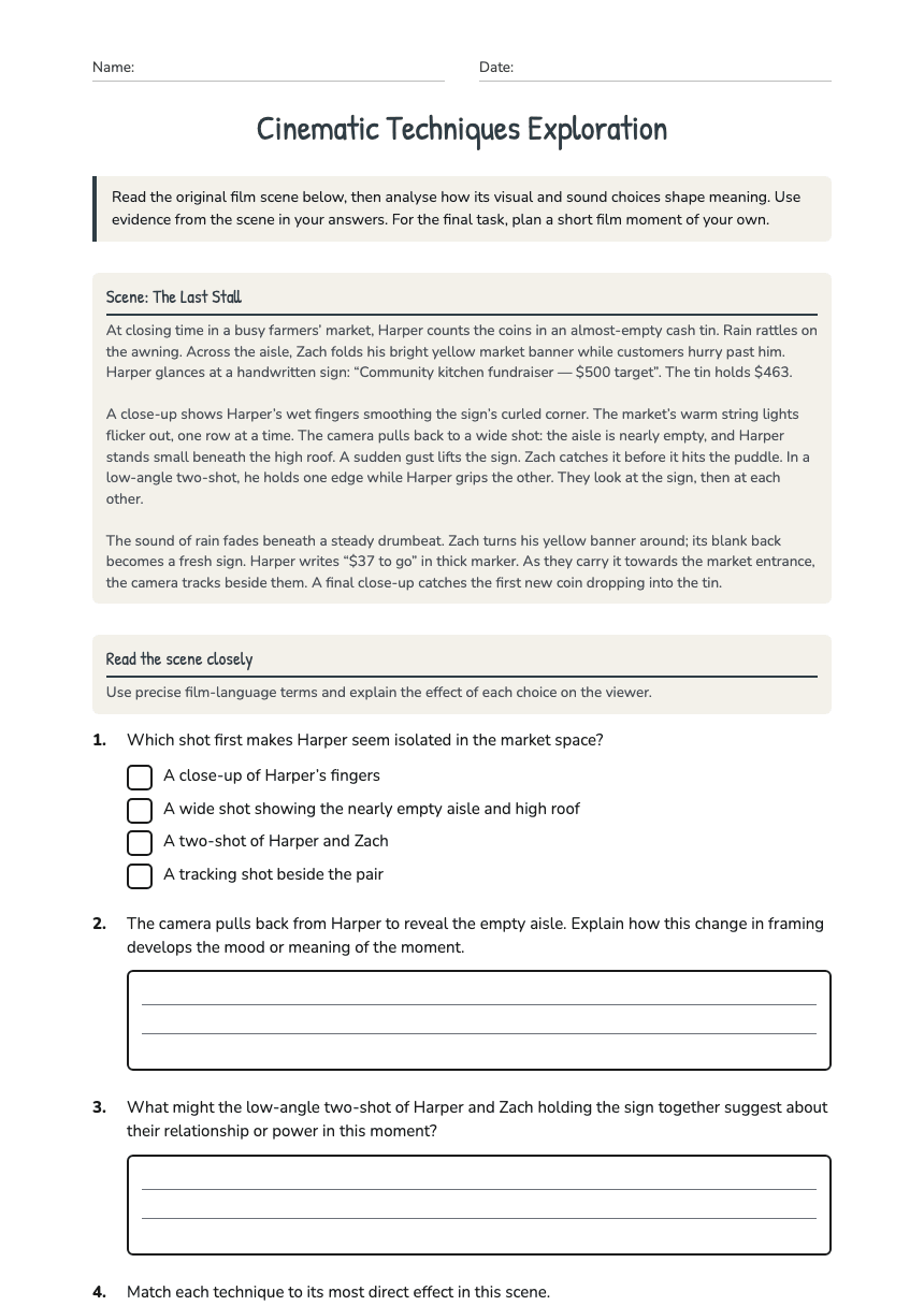 Cinematic Techniques Exploration worksheet preview