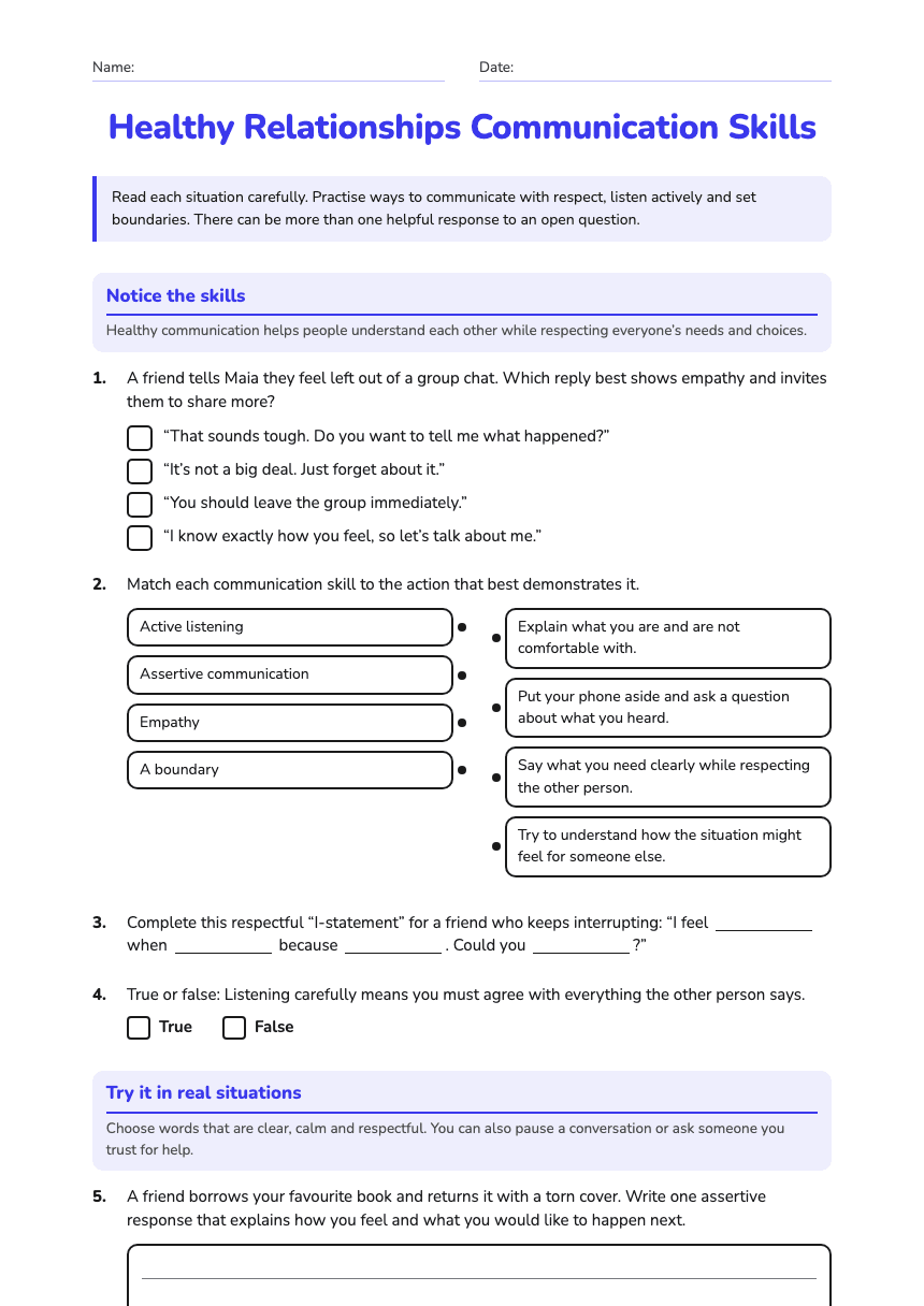 Healthy Relationships Communication Skills worksheet preview