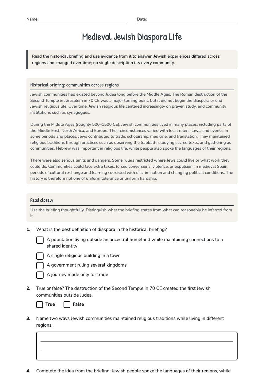 Medieval Jewish Diaspora Life worksheet preview
