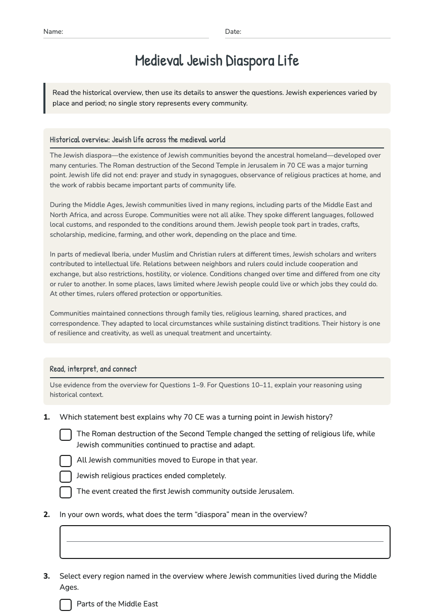 Medieval Jewish Diaspora Life worksheet preview
