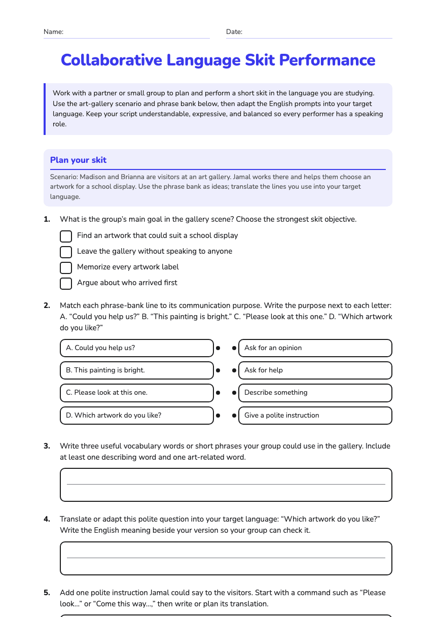 Collaborative Language Skit Performance worksheet preview
