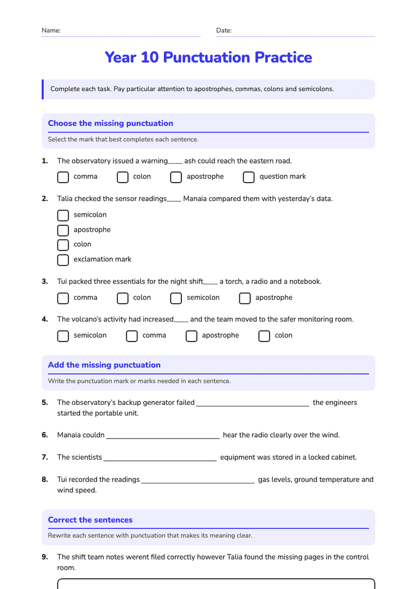 Year 10 Punctuation Practice