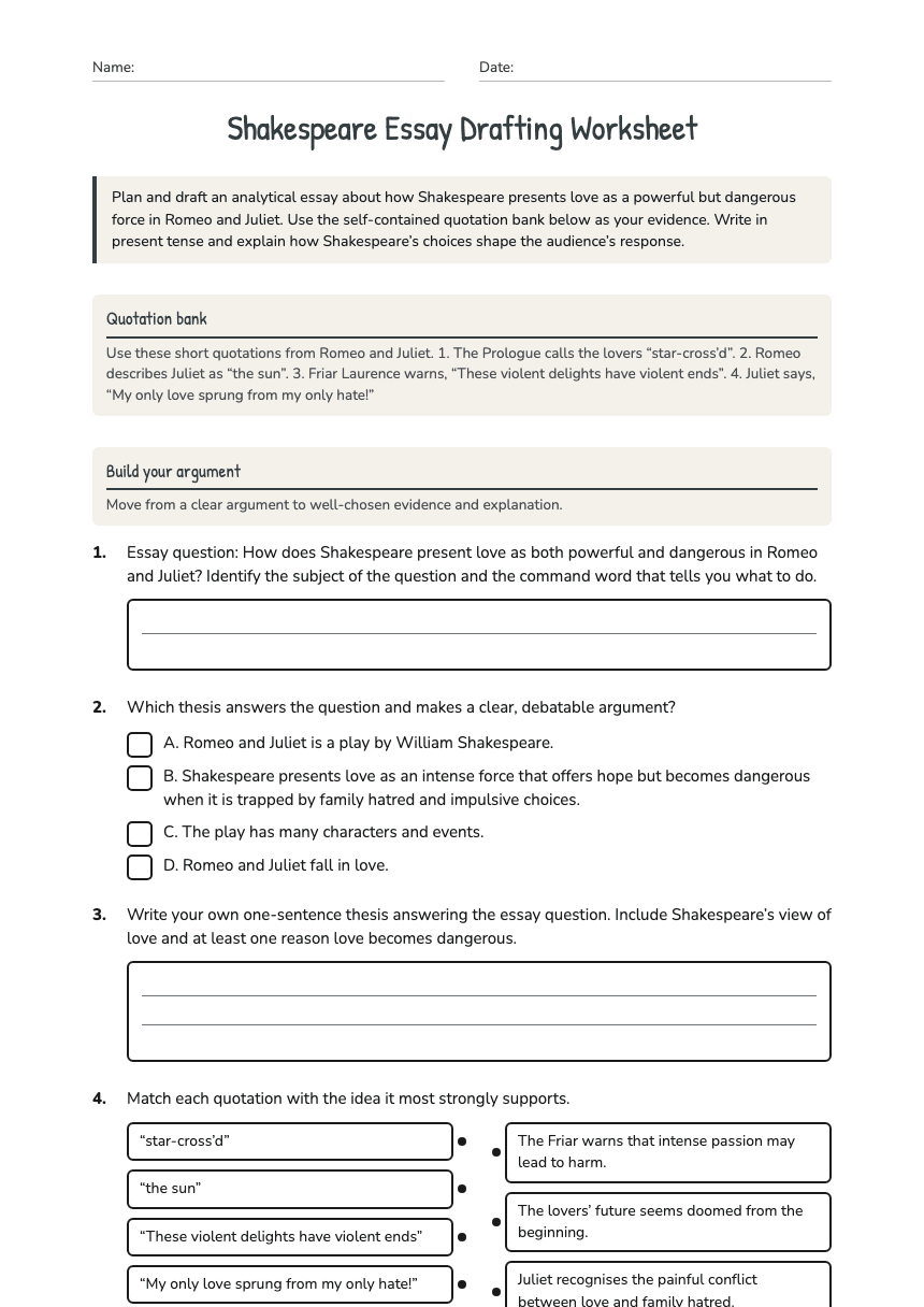 Shakespeare Essay Drafting Worksheet worksheet preview