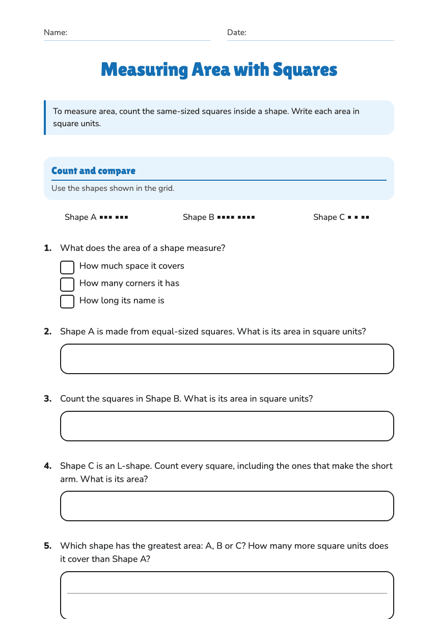 Measuring Area with Squares worksheet preview