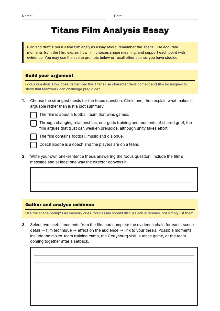 Titans Film Analysis Essay worksheet preview