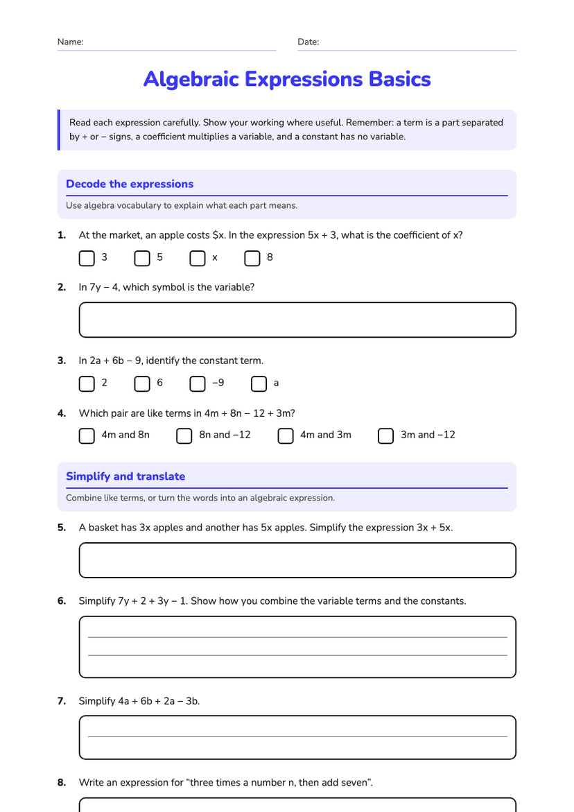 Algebraic Expressions Basics