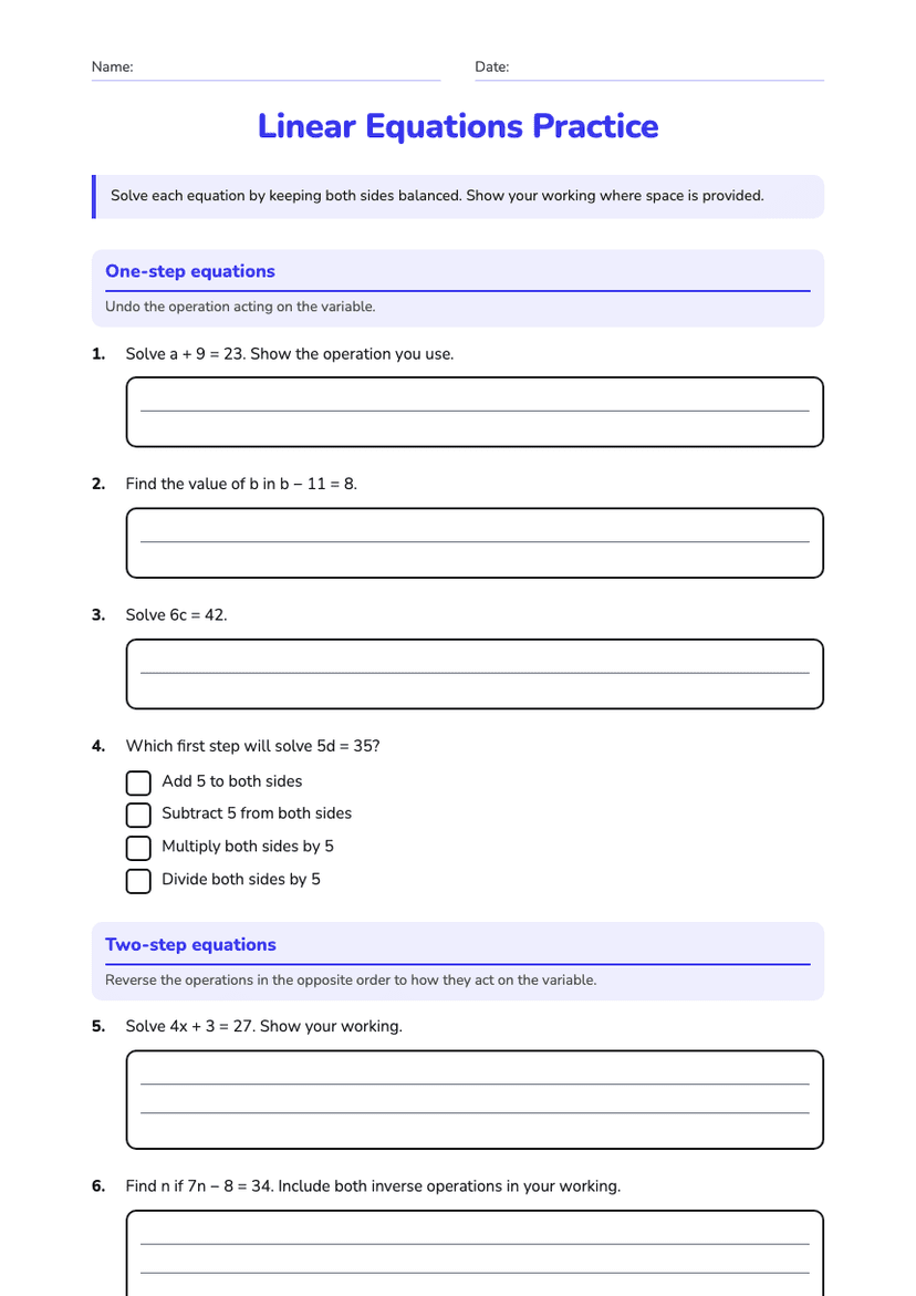 Linear Equations Practice