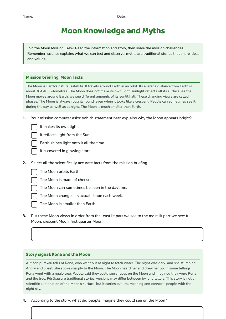 Moon Knowledge and Myths worksheet preview
