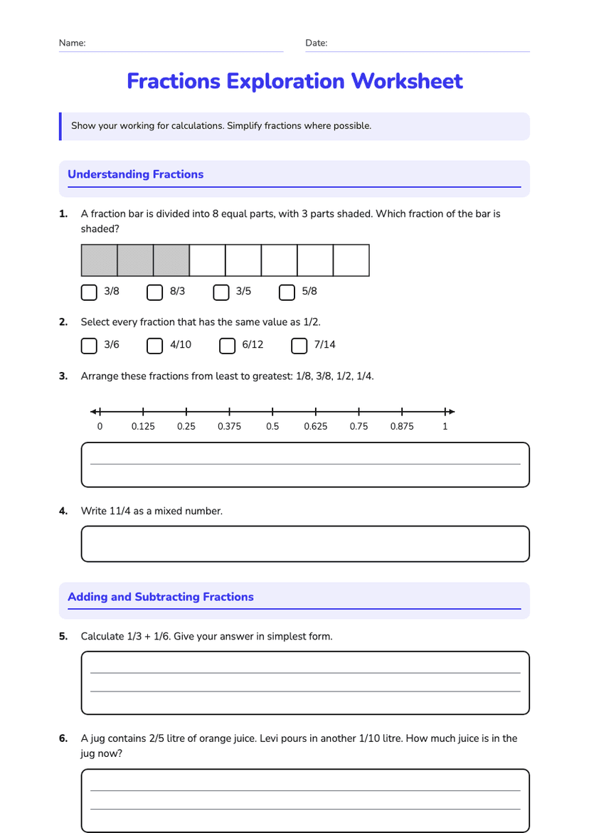 Fractions Exploration Worksheet