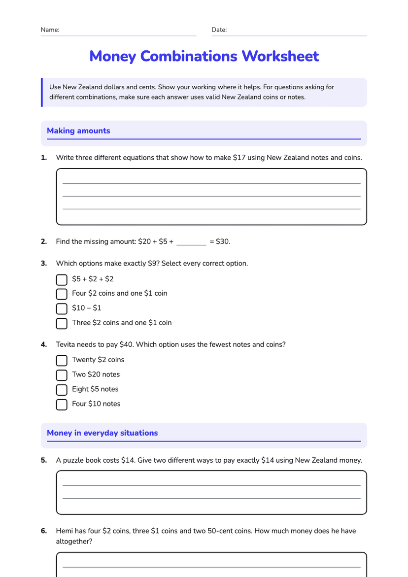 Money Combinations Worksheet