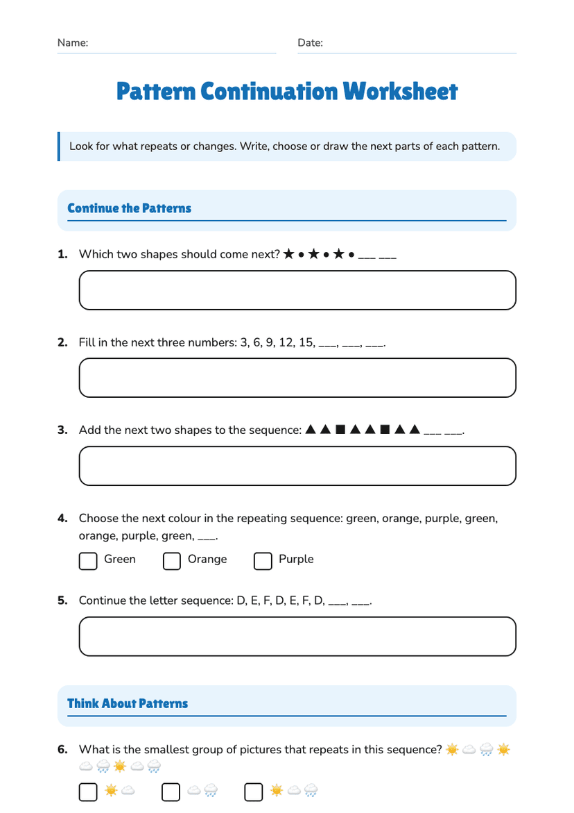 Pattern Continuation Worksheet