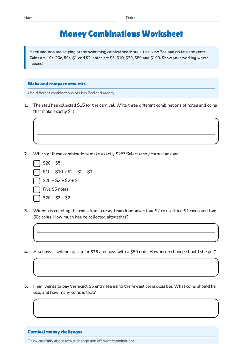 Money Combinations Worksheet