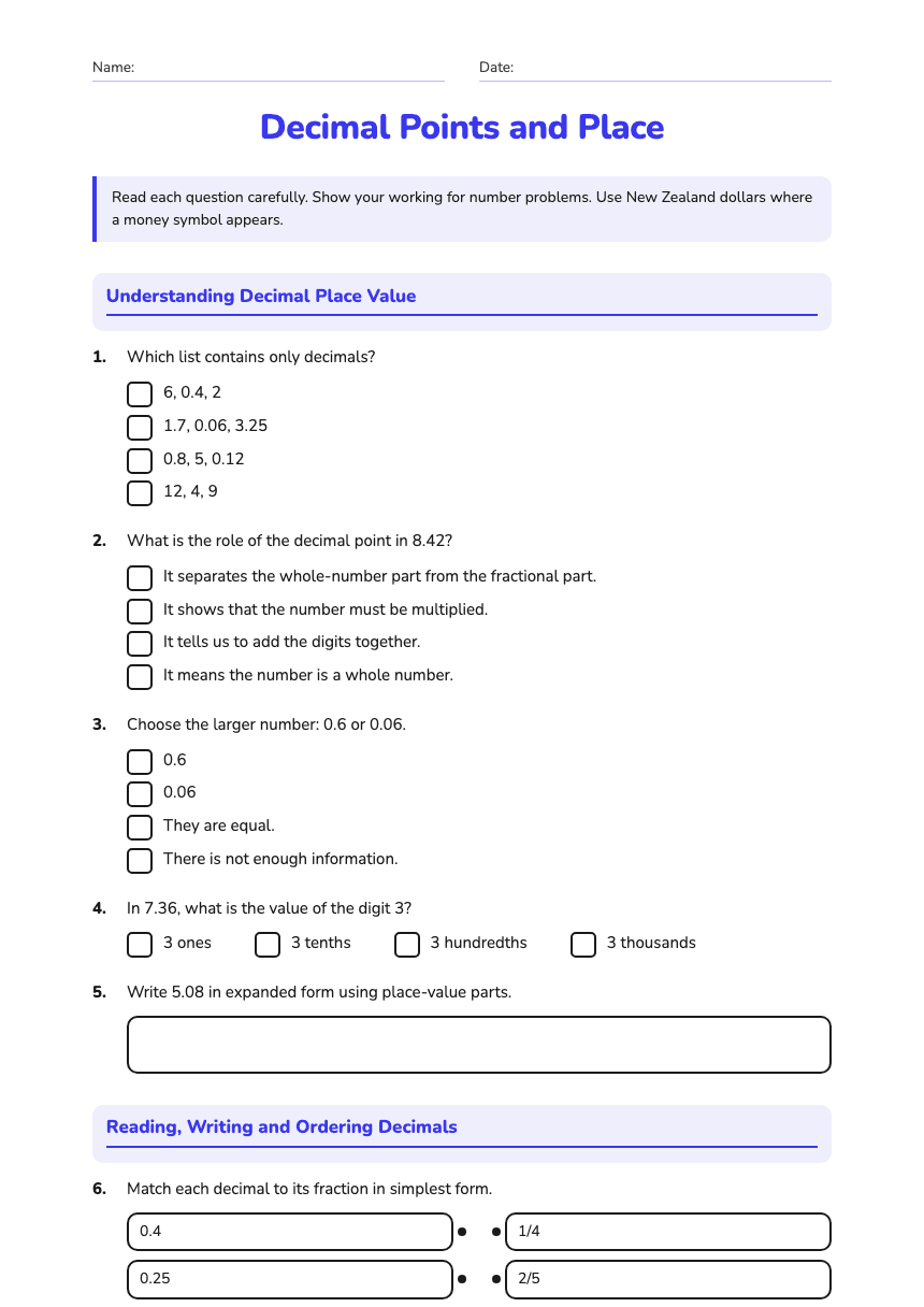 Decimal Points and Place worksheet preview