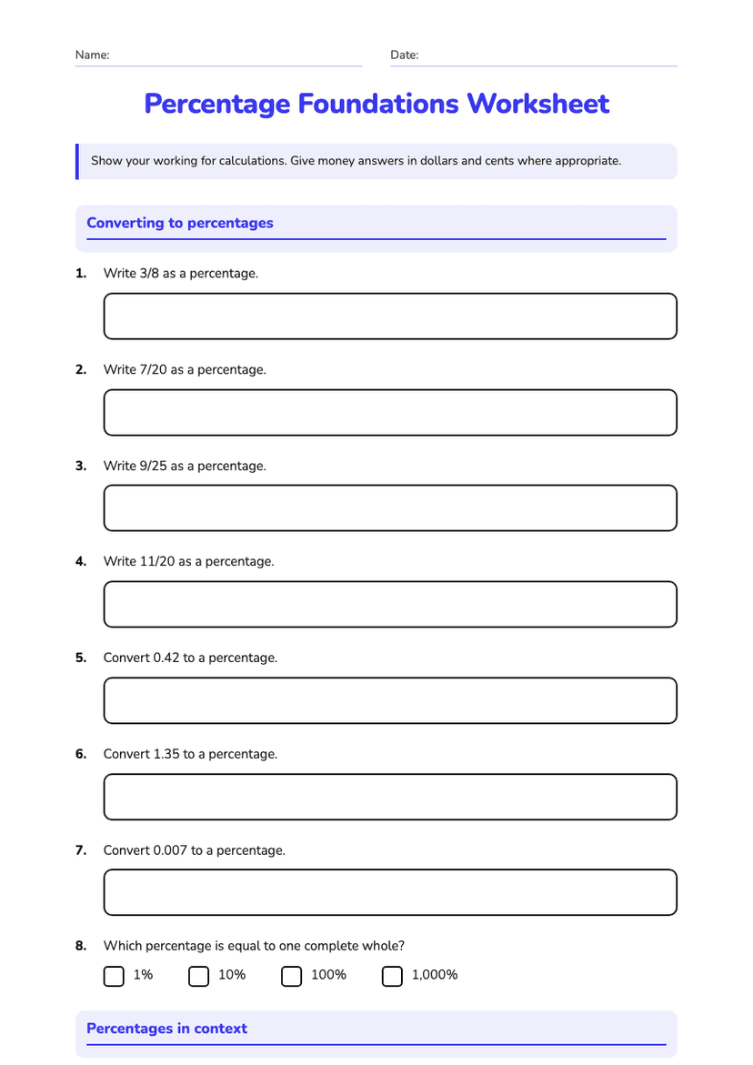 Percentage Foundations Worksheet