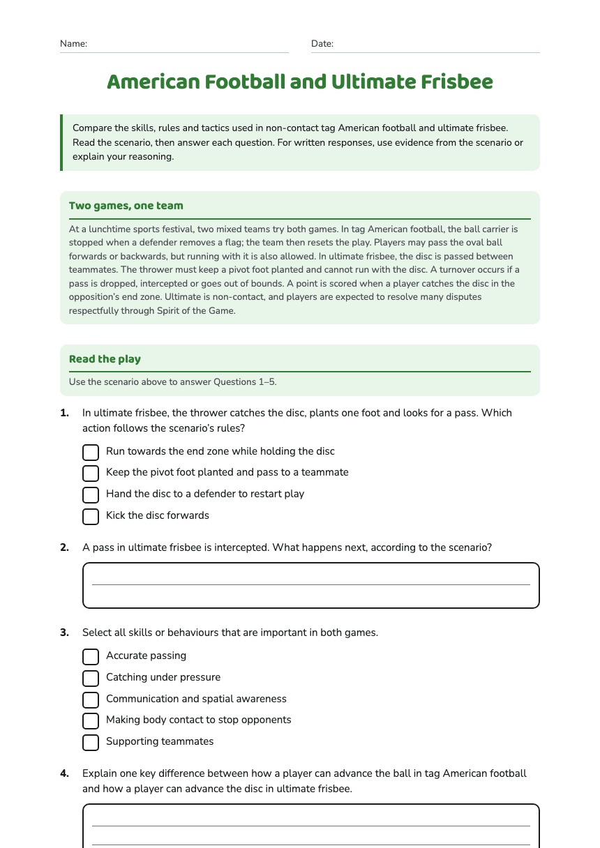 American Football and Ultimate Frisbee worksheet preview