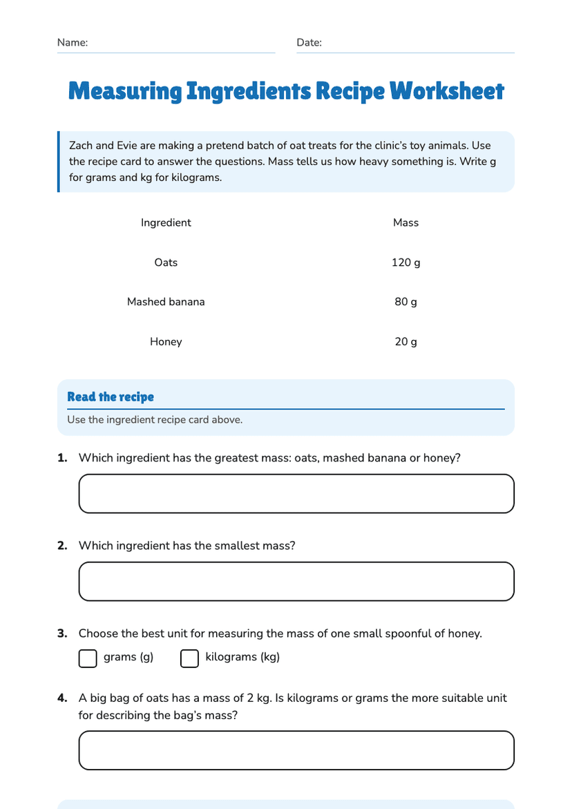 Measuring Ingredients Recipe Worksheet