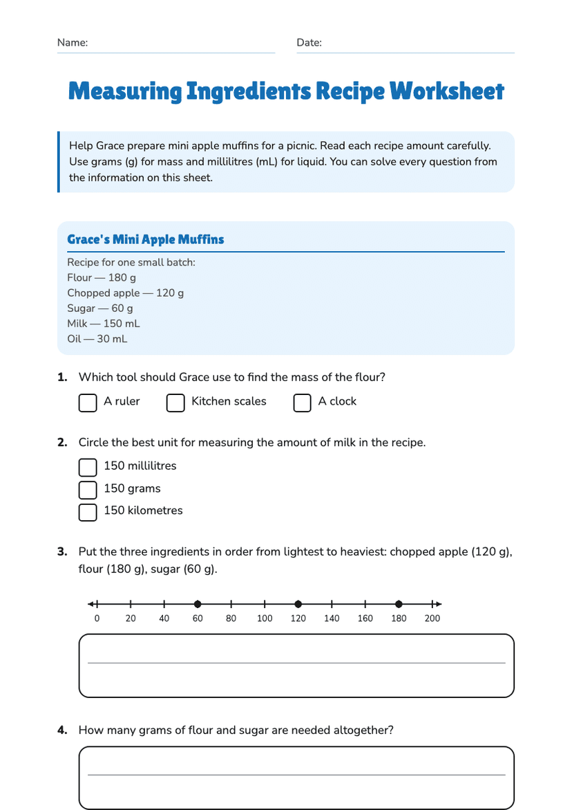 Measuring Ingredients Recipe Worksheet