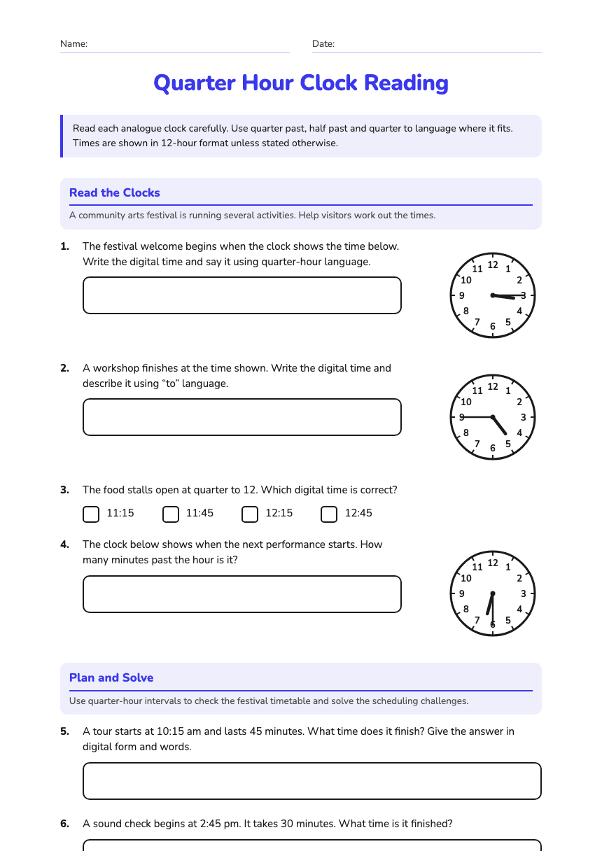 Quarter Hour Clock Reading worksheet preview