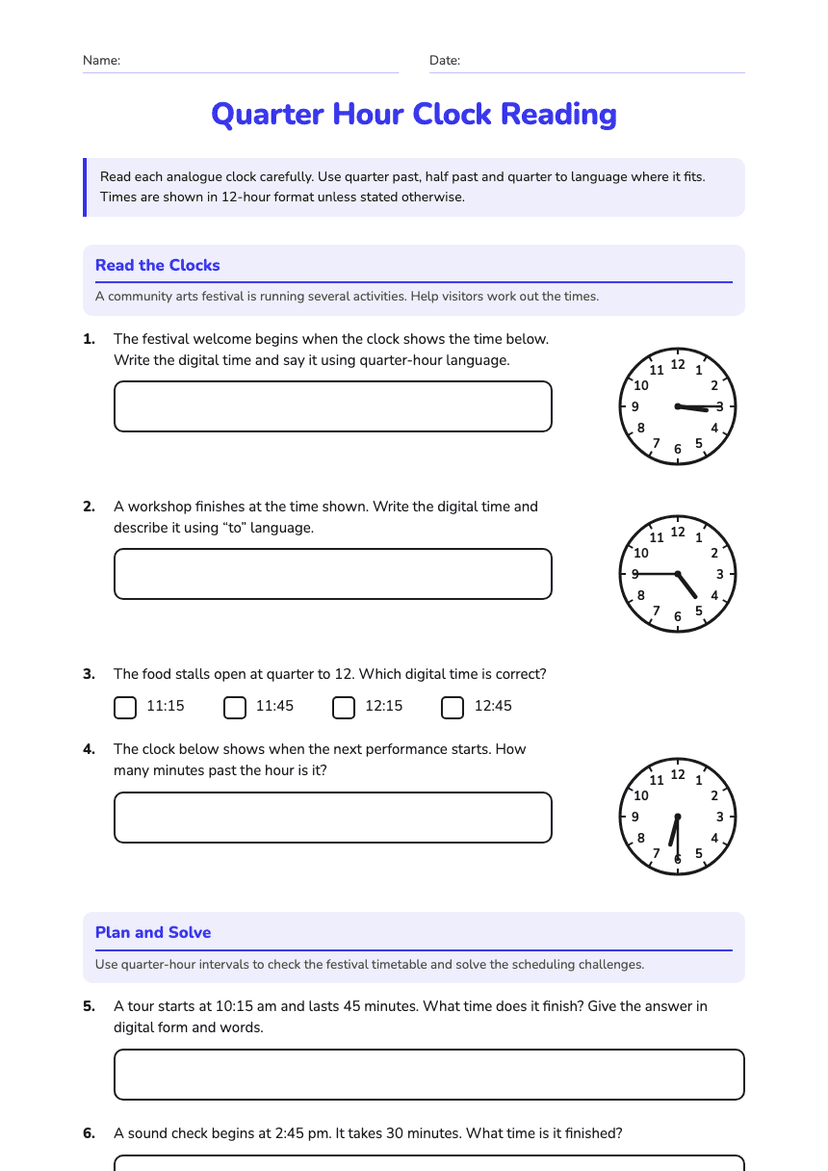 Quarter Hour Clock Reading