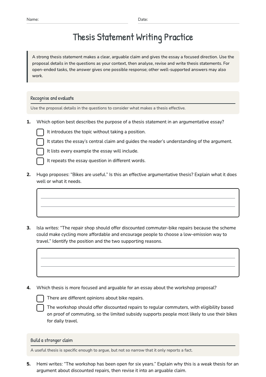Thesis Statement Writing Practice worksheet preview