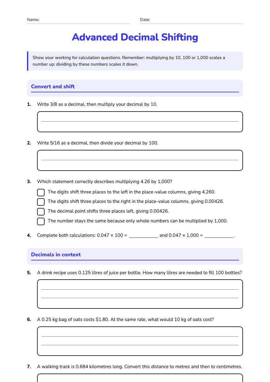Advanced Decimal Shifting worksheet preview
