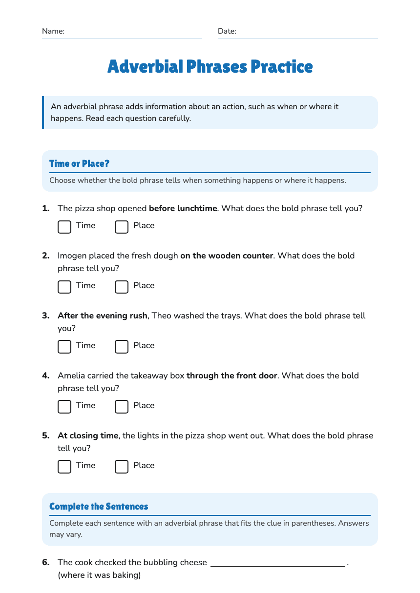 Adverbial Phrases Practice worksheet preview