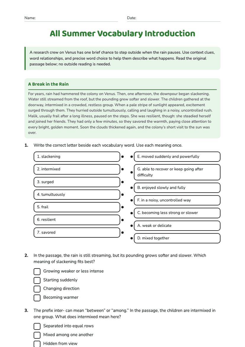 All Summer Vocabulary Introduction