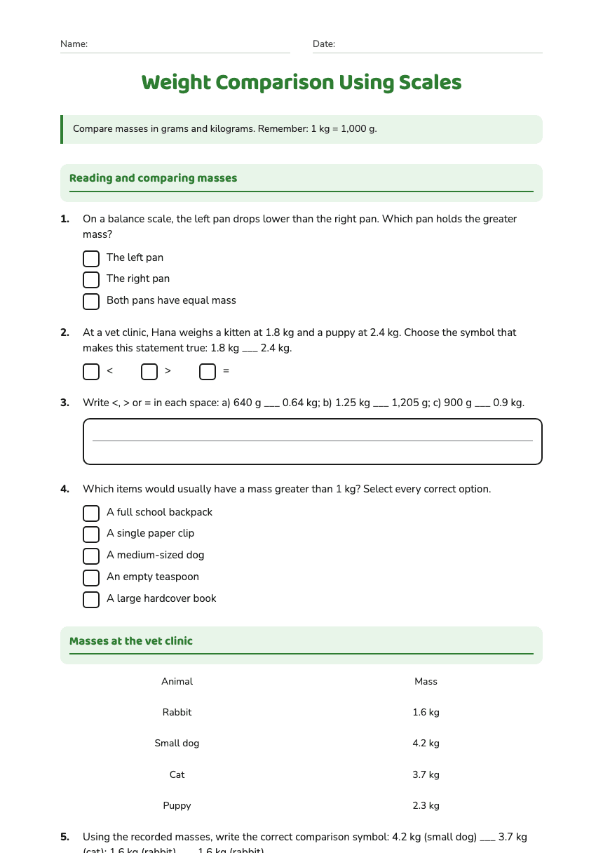 Weight Comparison Using Scales worksheet preview