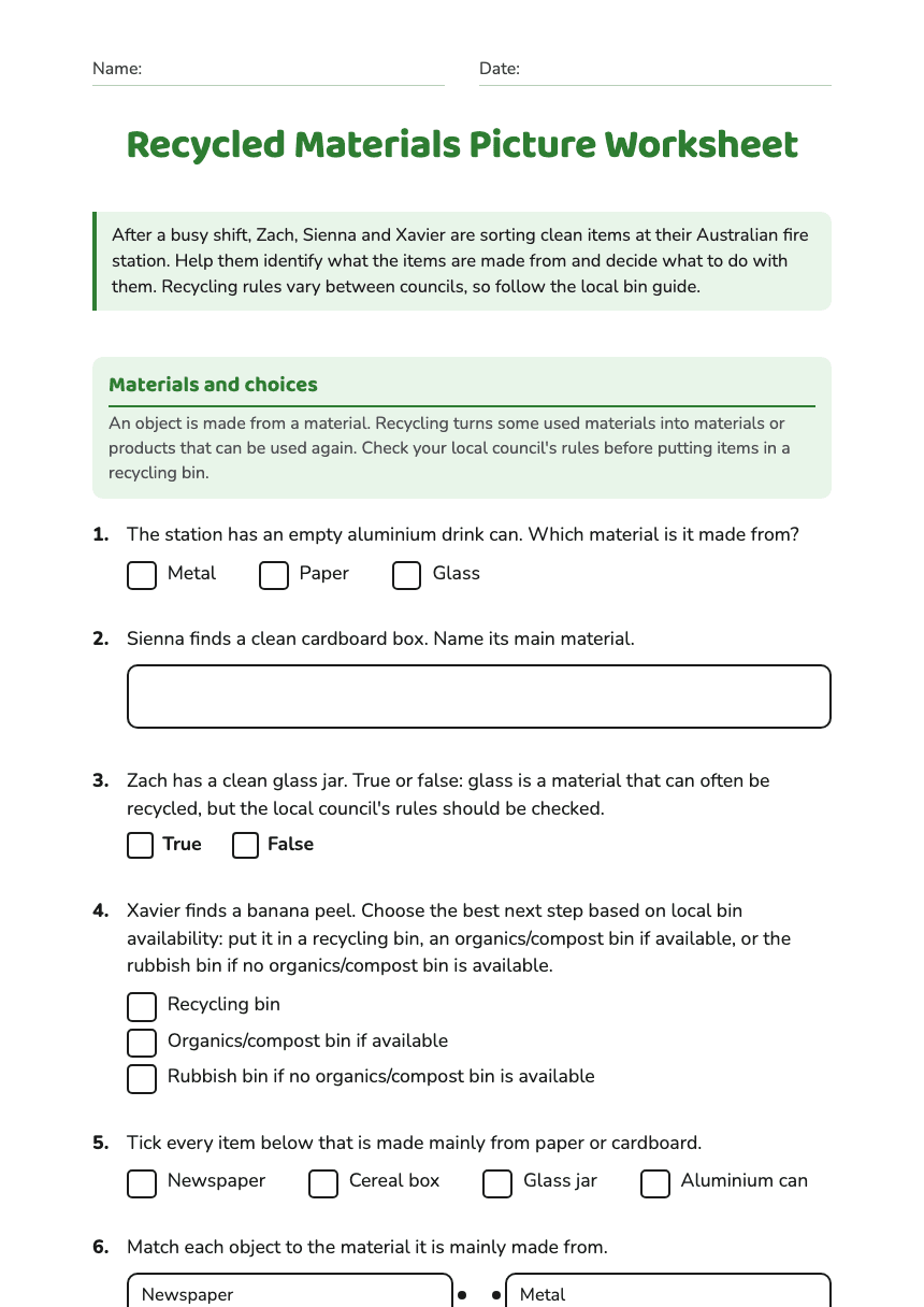 Recycled Materials Picture Worksheet worksheet preview