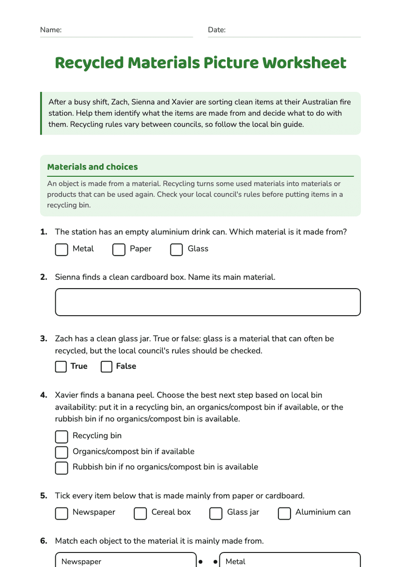 Recycled Materials Picture Worksheet