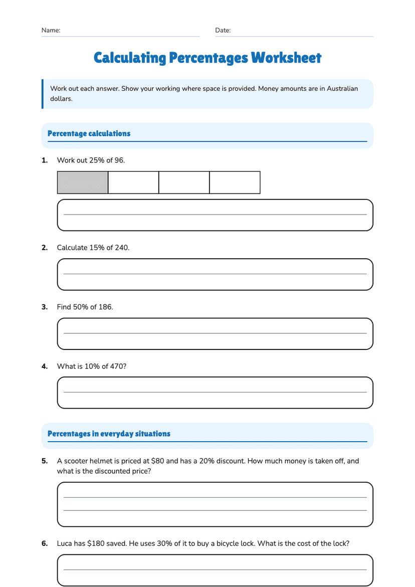 Calculating Percentages Worksheet