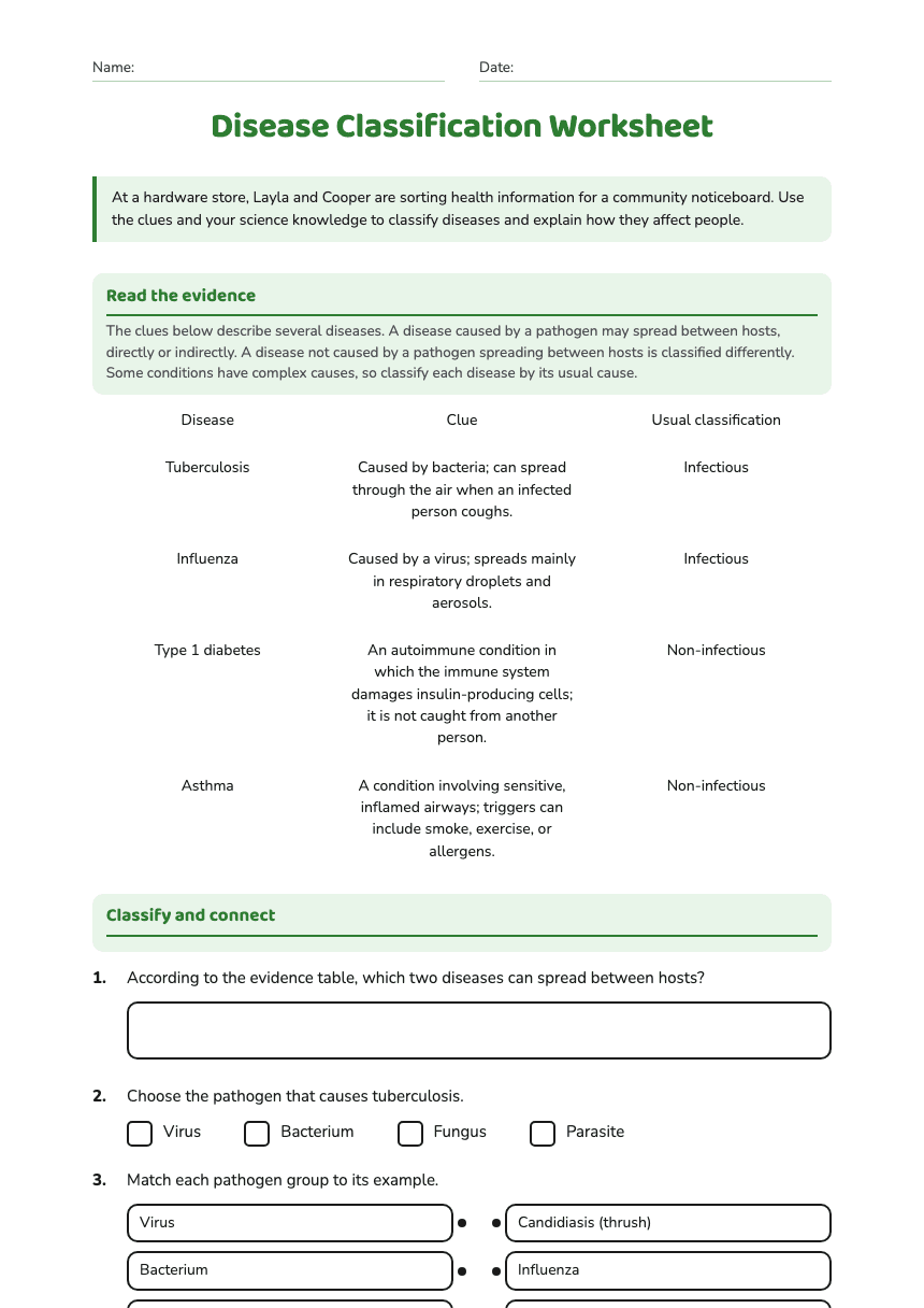 Disease Classification Worksheet worksheet preview