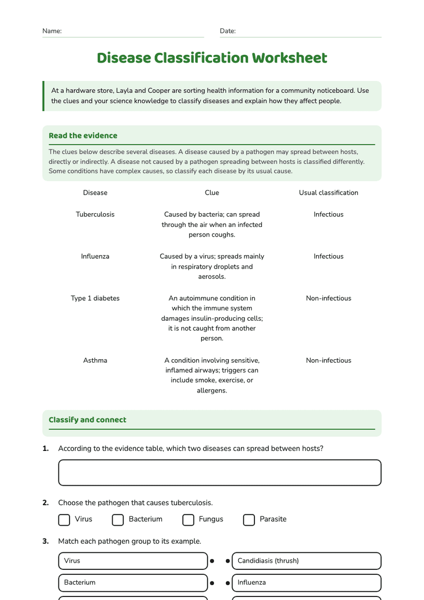 Disease Classification Worksheet